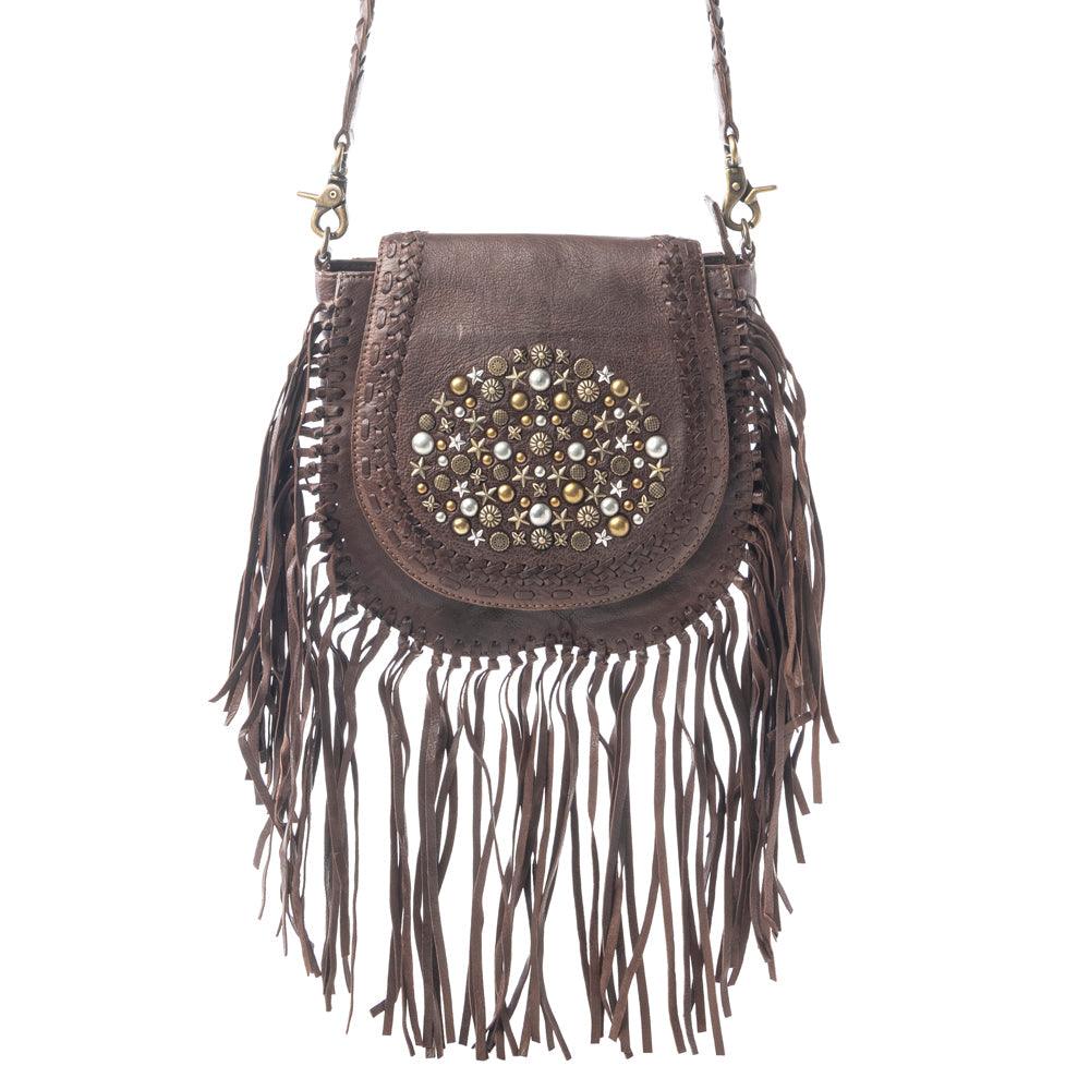 Myra Luna Belle Studded Leather Bag with Fringes in Maverick Mocha