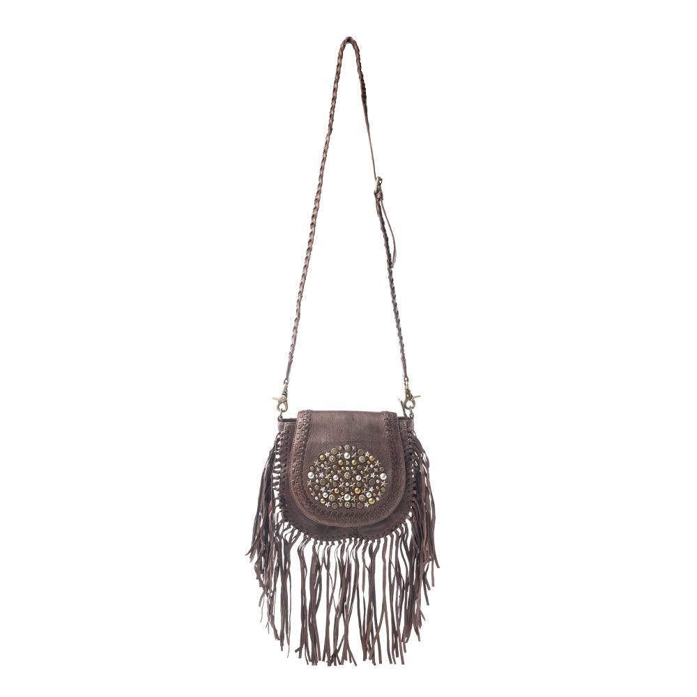 Myra Luna Belle Studded Leather Bag with Fringes in Maverick Mocha