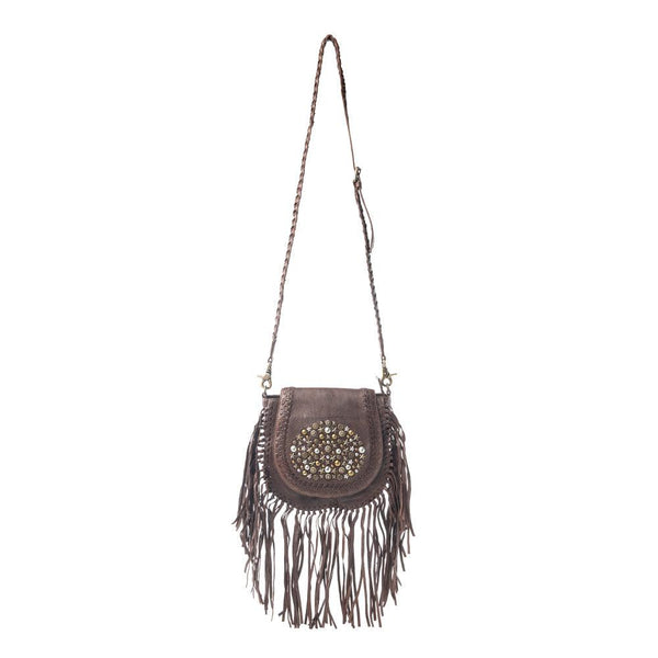 Myra Luna Belle Studded Leather Bag with Fringes in Maverick Mocha