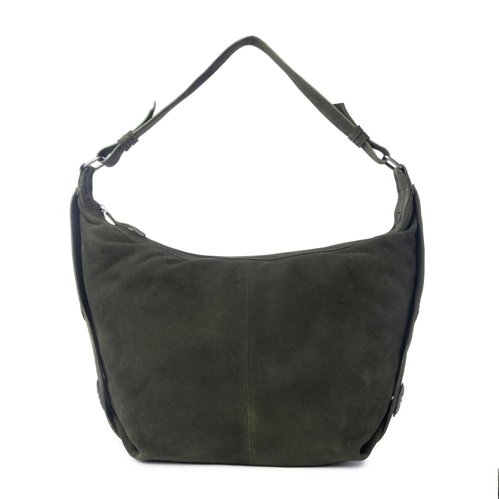 Myra Hunter’s Grove Suede Leather Shoulder Bag in Ranch Olive