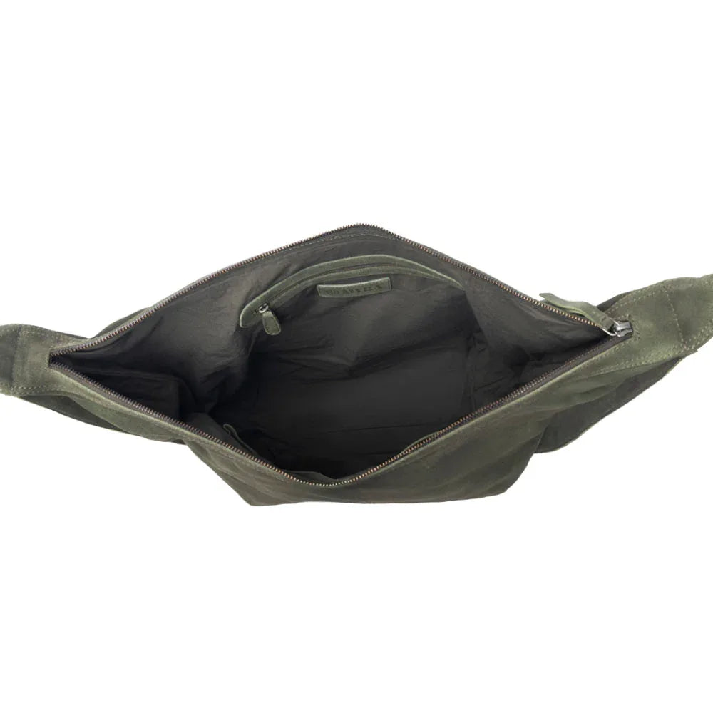 Myra Hunter’s Grove Suede Leather Shoulder Bag in Ranch Olive