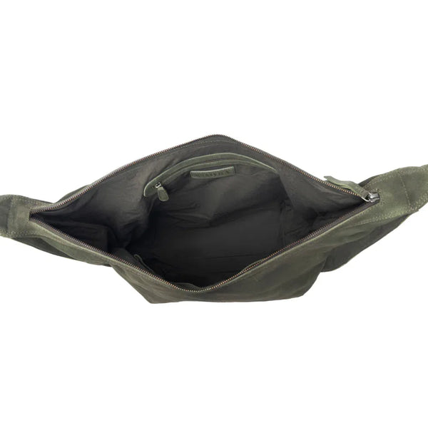 Myra Hunter’s Grove Suede Leather Shoulder Bag in Ranch Olive