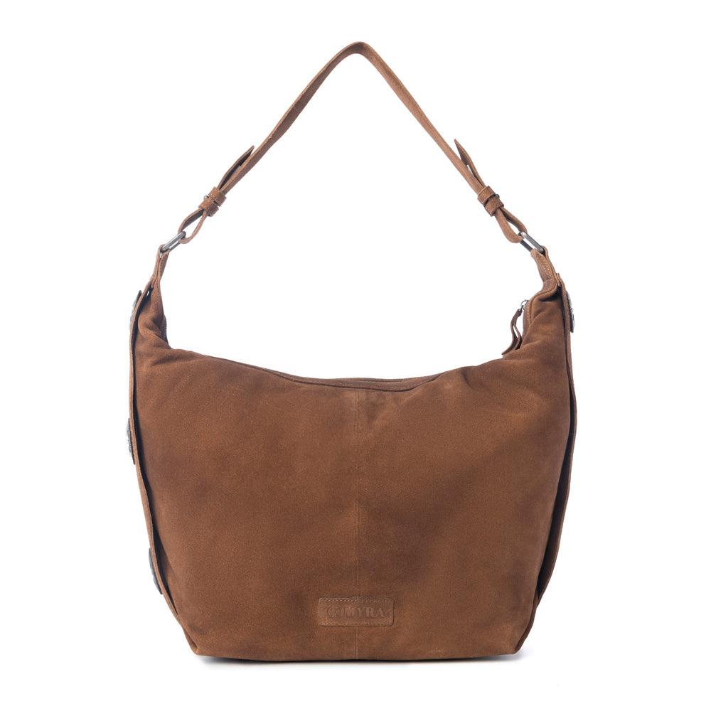Myra Paradise Valley Suede Leather Shoulder Bag in Auburn Brown