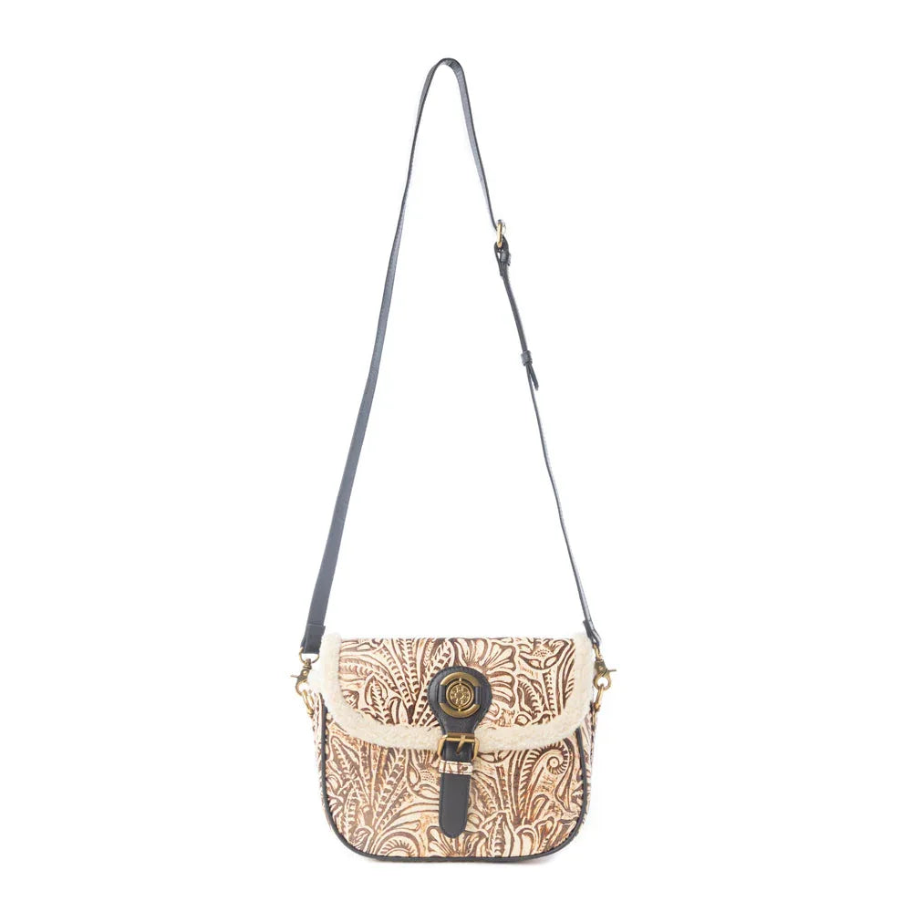 Myra Raven & Dune Embossed Leather Crossbody Bag with Fur Accent in Winter Ivory