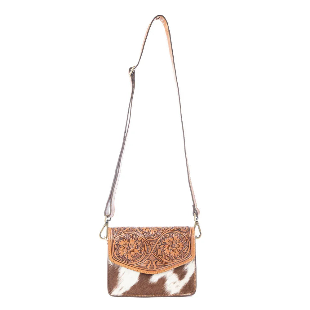 Myra Bridle Blossom Handtooled Hairon Leather Bag in Amber Carve