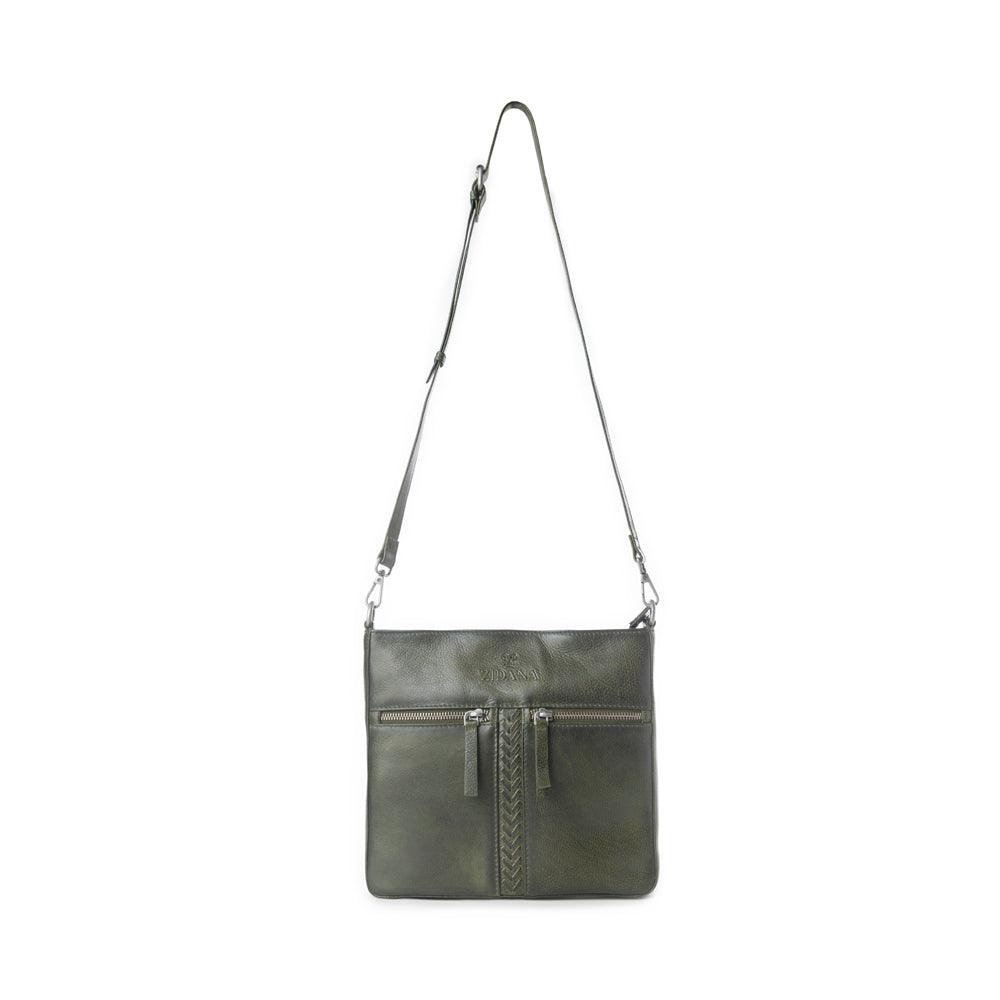 Myra Zidana El Paso Twin Veg Tanned Leather Crossbody Bag in Olive Grove