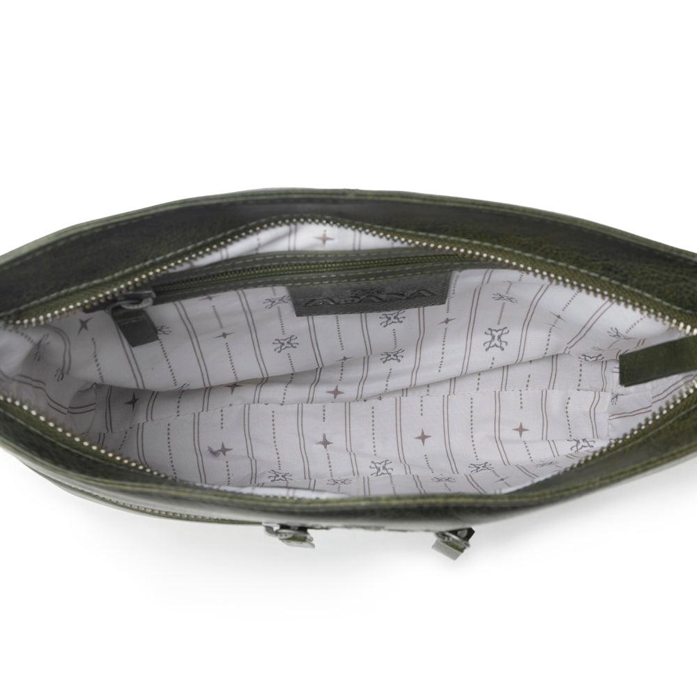 Myra Zidana El Paso Twin Veg Tanned Leather Crossbody Bag in Olive Grove