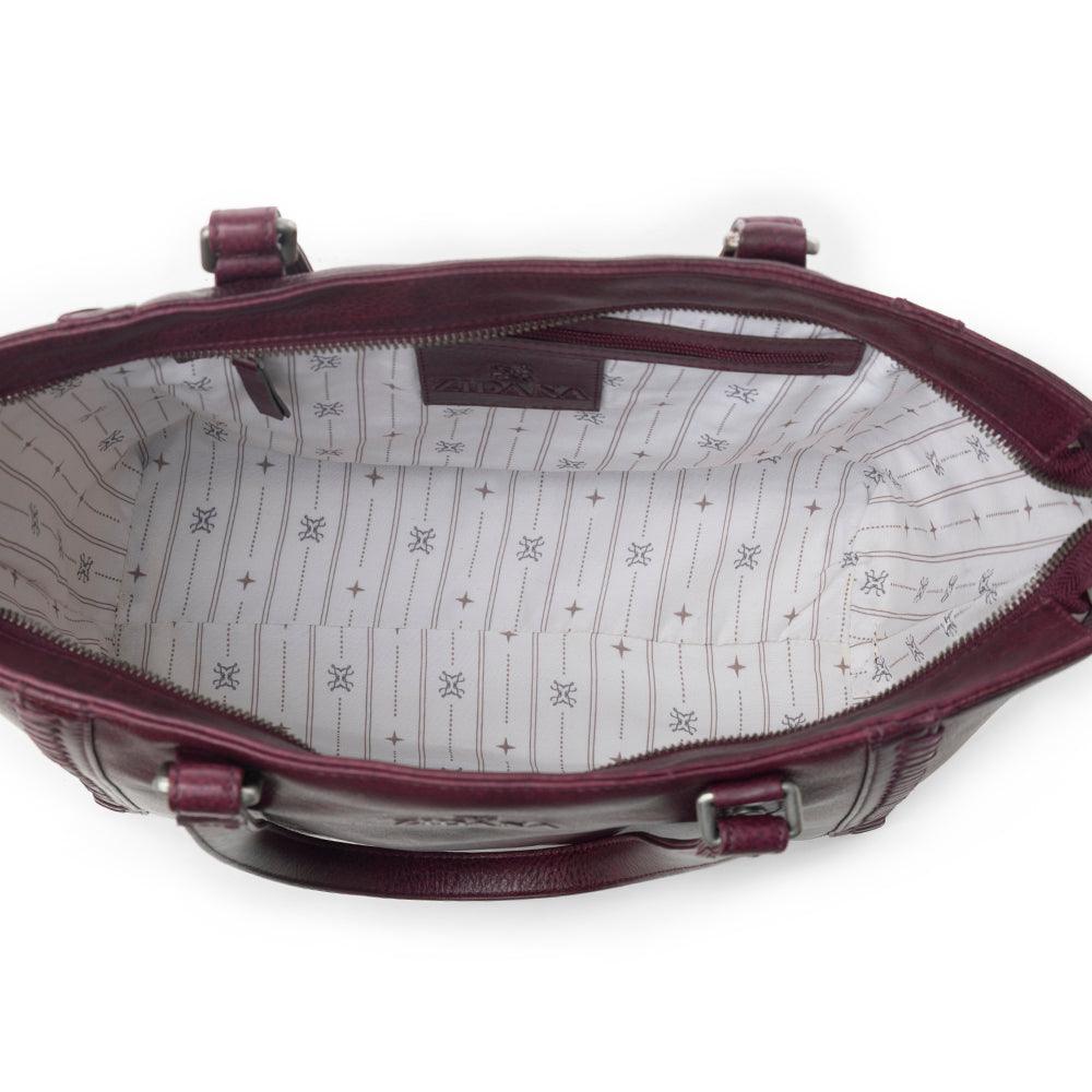 Myra Zidana Arista Bloom Veg Tanned Leather Handbag in Noire Berry