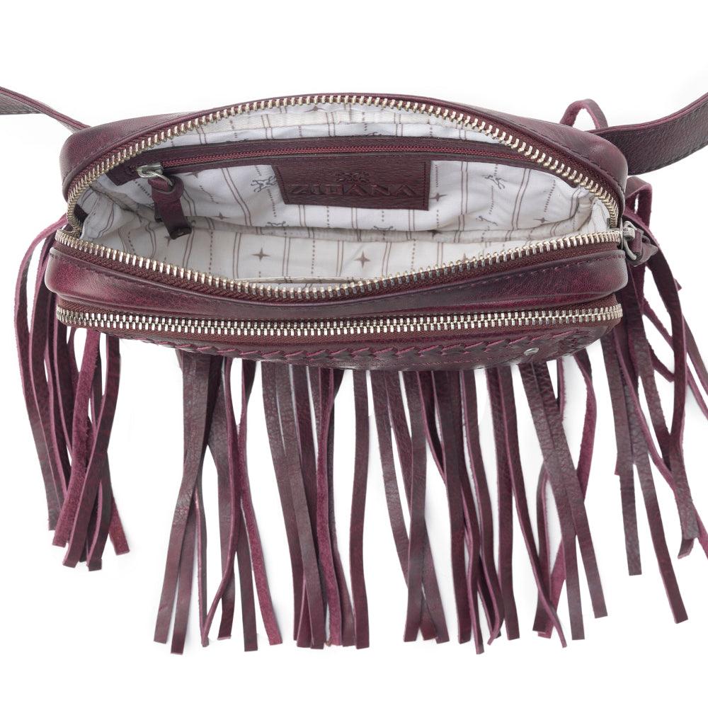 Myra Zidana Stormy Trails Fringed Veg Tanned Leather Bag in Raven Dusk