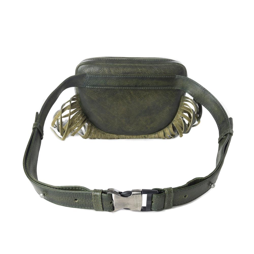 Myra Zidana Stormy Trails Fringed Veg Tanned Leather Bag in Dusty Pine