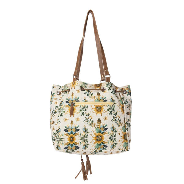 Myra Southern Bloom Cotton & Leather Bucket Bag in Chestnut Beige