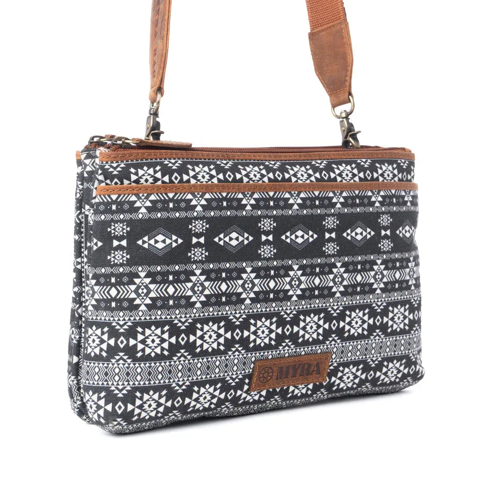Myra Tribal Hollow Cotton & Leather Crossbody Bag in Midnight Onyx