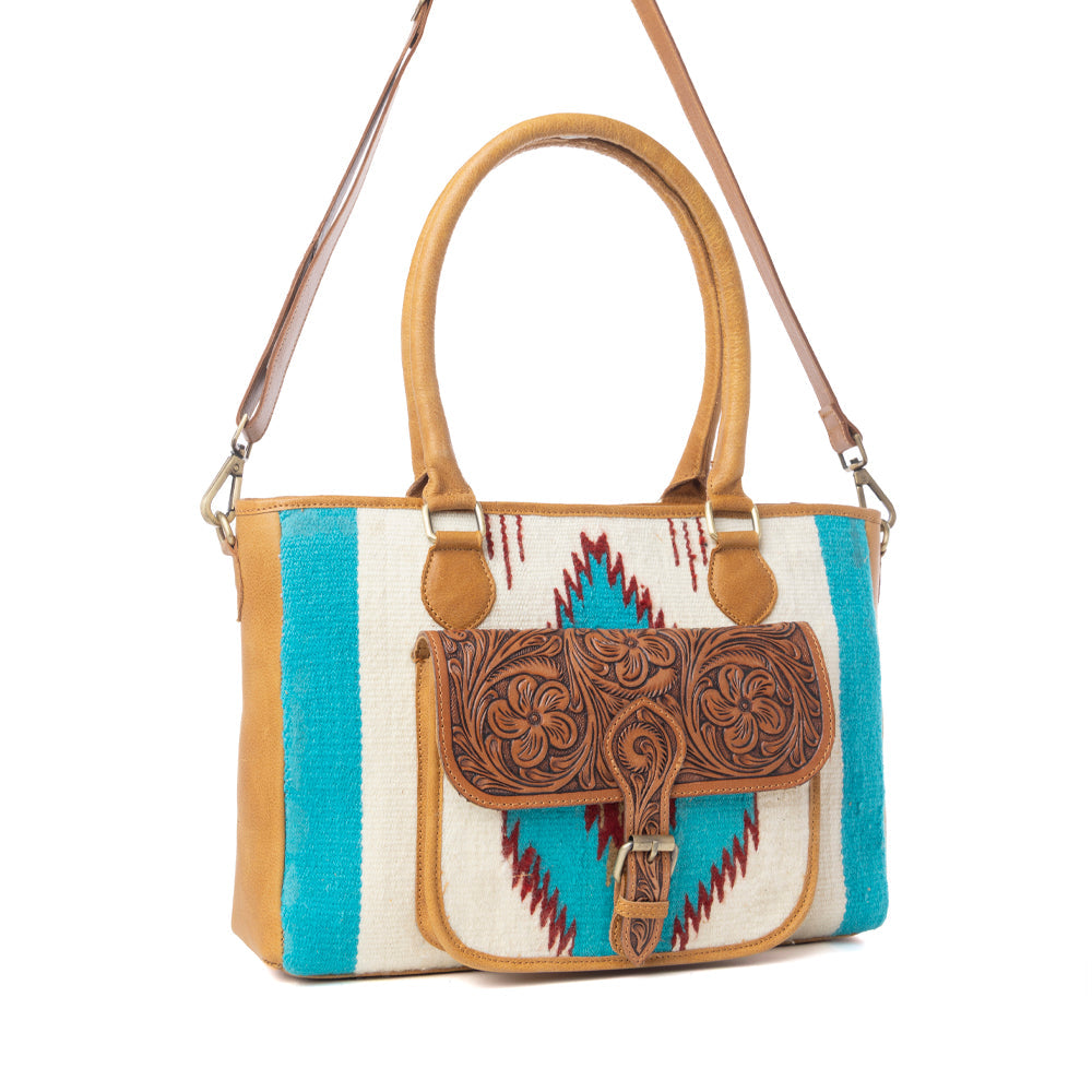 Myra Prairie Aztec Hairon Leather Bag with Front Pocket in Canyon Teal