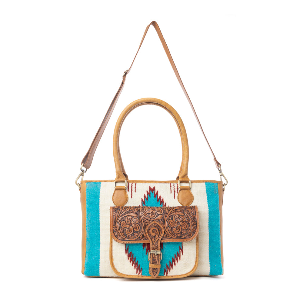 Myra Prairie Aztec Hairon Leather Bag with Front Pocket in Canyon Teal