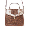 Myra Duchess Hairon Handtooled Flap and Button Leather Satchel in Mocha Cream
