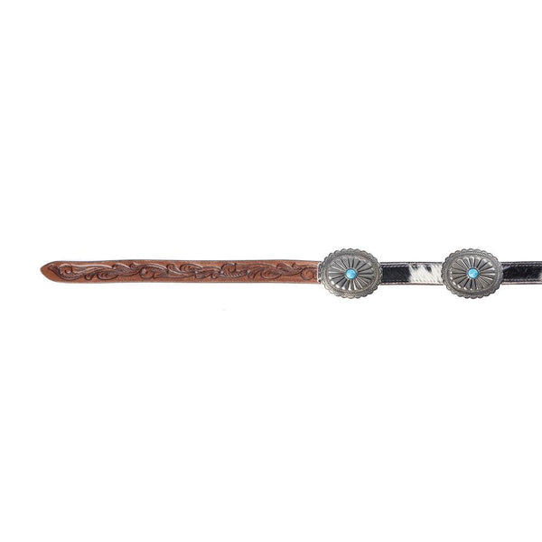 Myra Floracrest Hairon Concho Belt for Women with Handtooling and Turquoise Stone Buckle