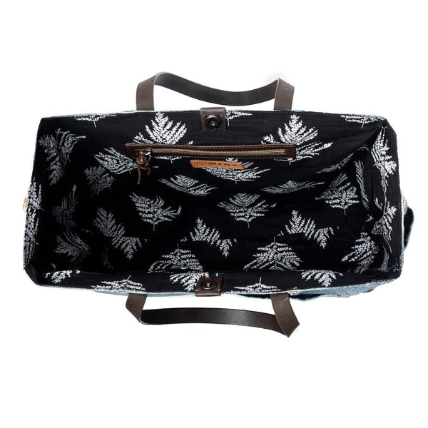 Myra Billyjean Western denim Tote Bag for Women in denim blue with leather detail