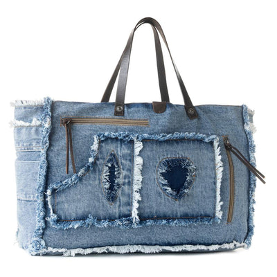Myra Frayed Frontier Western denim Tote Bag for Women in denim blue with fringe detail