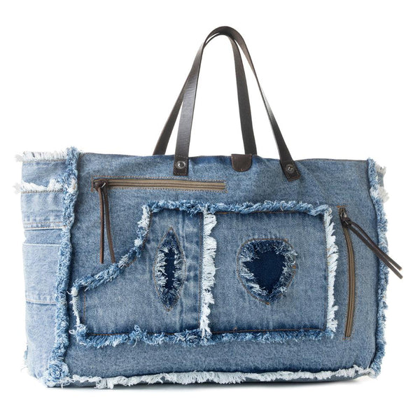 Myra Frayed Frontier Western denim Tote Bag for Women in denim blue with fringe detail