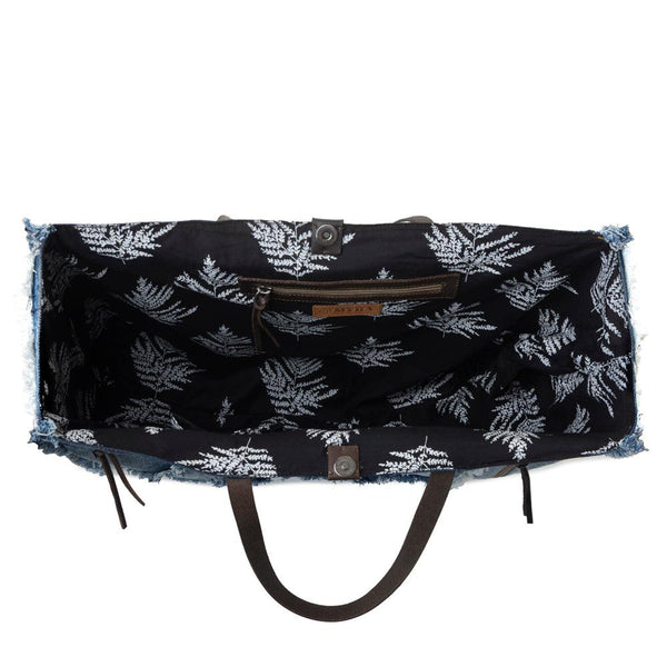 Myra Frayed Frontier Western denim Tote Bag for Women in denim blue with fringe detail