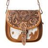 Myra Goldrush Saddle handtooled Bag for Women in saddle tan with hair-on detail
