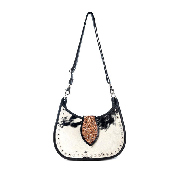 Myra Santa Fe Handtooled Bag for Women in Black with hairon and studded detail