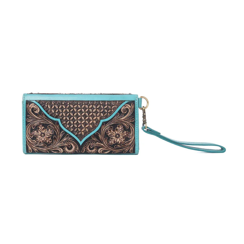Myra Sunfire Valley Handtooled Hairon Leather Women’s Wallet in Turquoise Pearl