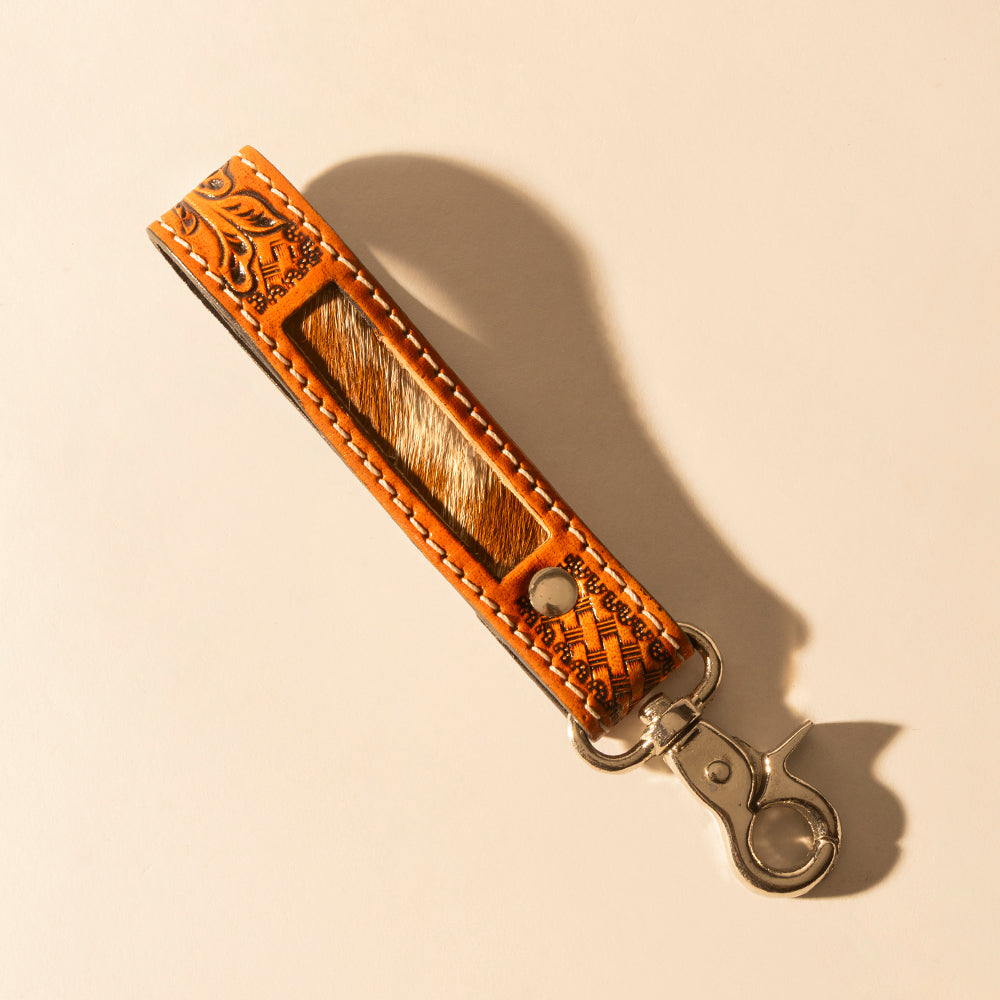 Myra Hide Inlay Western Key Fob in brown with basketweave detail