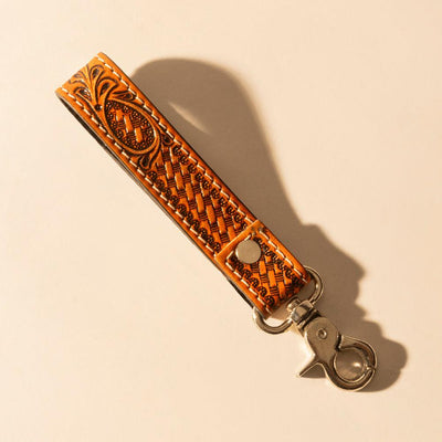 Myra Hide Inlay Western Key Fob in brown with basketweave detail