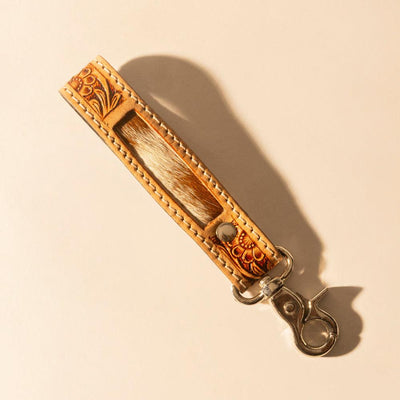 Myra Hide Inlay Western Key Fob in creme with floral detail
