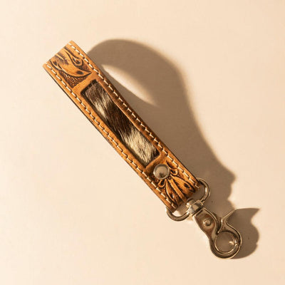 Myra Hide Inlay Western Key Fob in tan with hairon detail