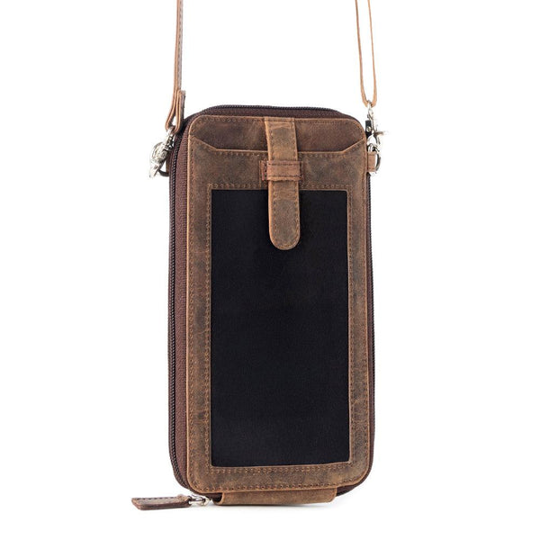 Myra Wildtouch Western Phone Crossbody in dark brown with leather detail