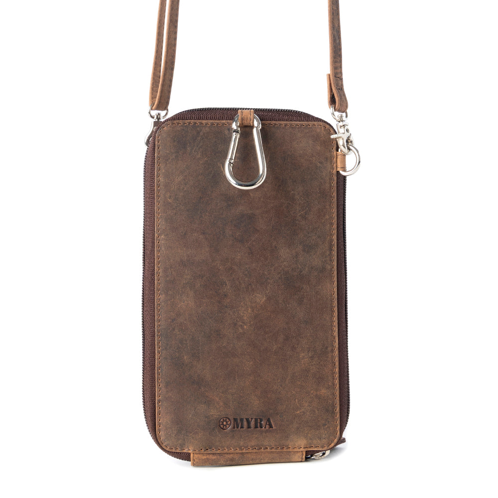 Myra Wildtouch Western Phone Crossbody in dark brown with leather detail
