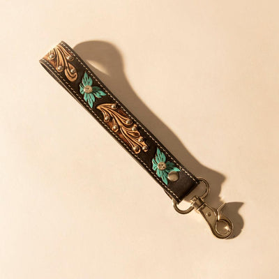 Myra Wildhue Western Key Fob in black with turquoise floral handtooled detail