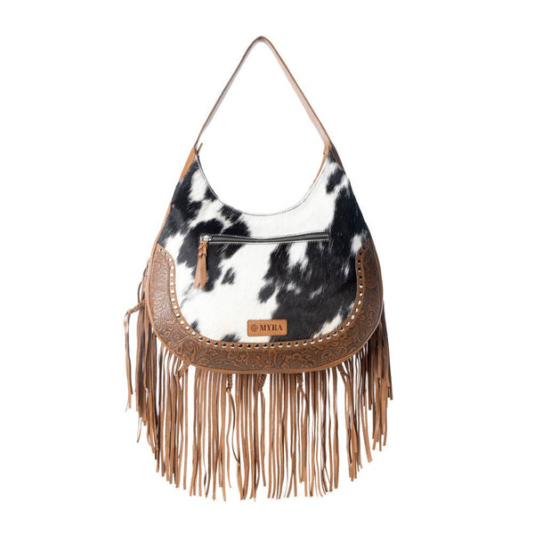 Myra Lasso Lane Hairon Leather Bag for Women in brown with fringe and embossed detail