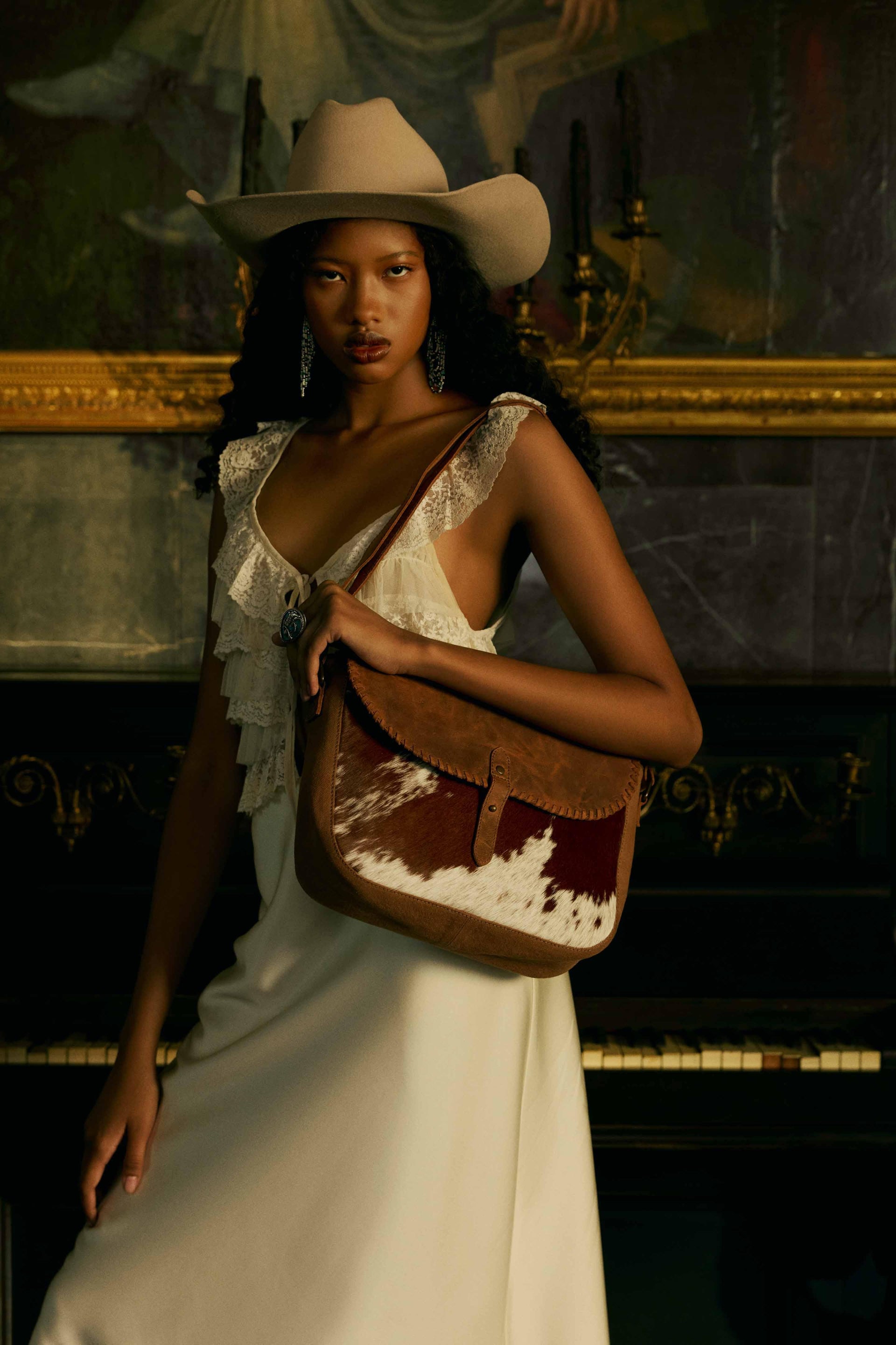 Myra Honey Field Hairon Leather Messenger Bag in Sable Mist