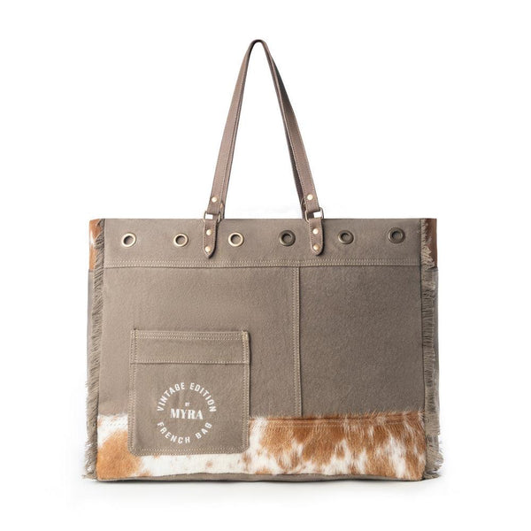 Myra Ranger Hide Western Weekender Bag for Women in olive with hairon detail