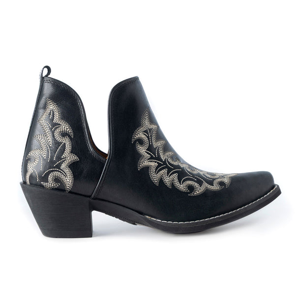 Myra Tempest Embroidered Cowgirl Booties in Onyx for Women in Genuine Leather with Snip Toe