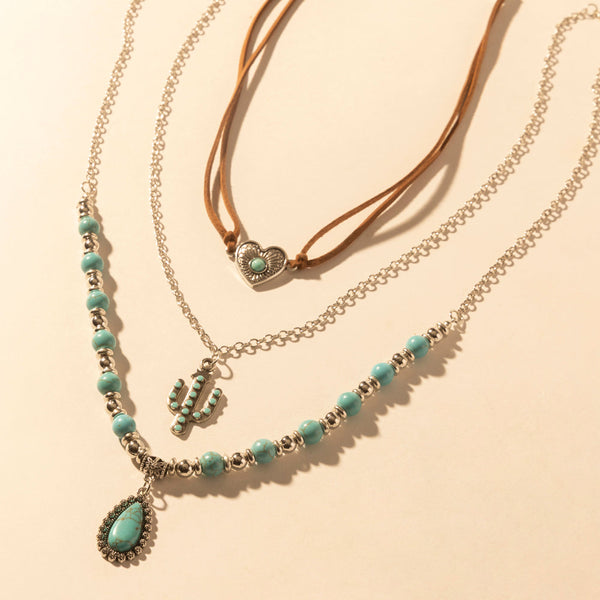 Myra Boho Mesa Layered Necklace for Women with turquoise bead and cactus pendant detail for western wear