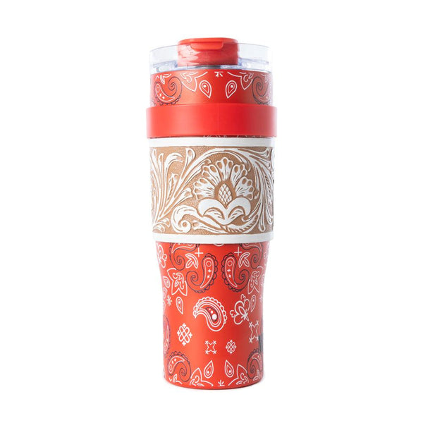 Myra Bandana Tooled Western Tumbler in Red Stainless Steel with Handtooled Leather and Handle for Use