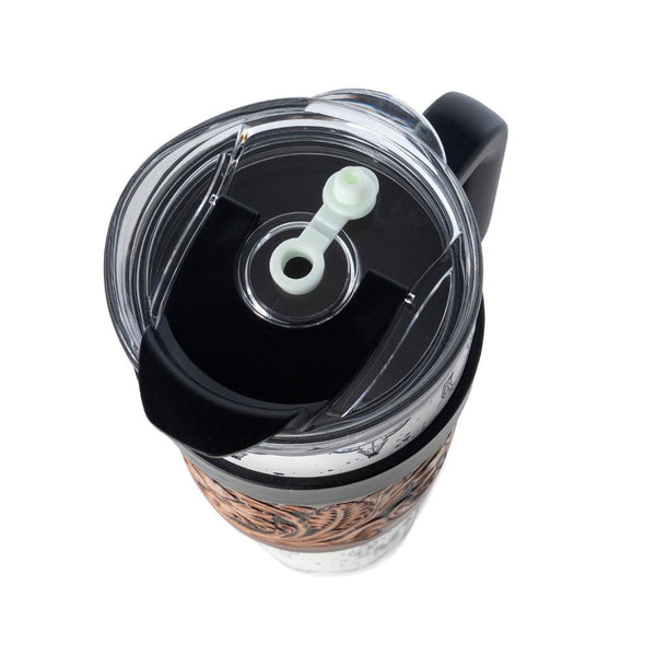 Myra Westmark Tooled Western Tumbler in White Stainless Steel with Leather Wrap and Handle for Use