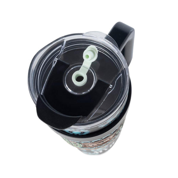 Myra Concho Crest Western Tooled Tumbler in Black Stainless Steel with Leather Wrap and Handle