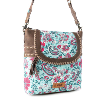 Myra Lagoon Lily upcycled canvas Bag for Women in blue with leather and weaved flap