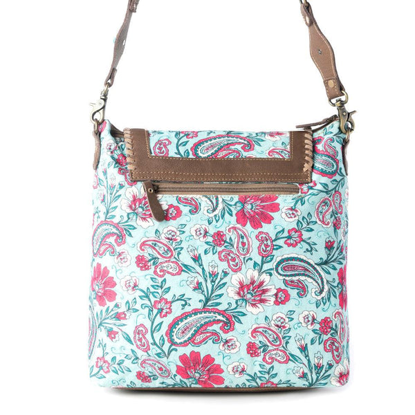 Myra Lagoon Lily upcycled canvas Bag for Women in blue with leather and weaved flap
