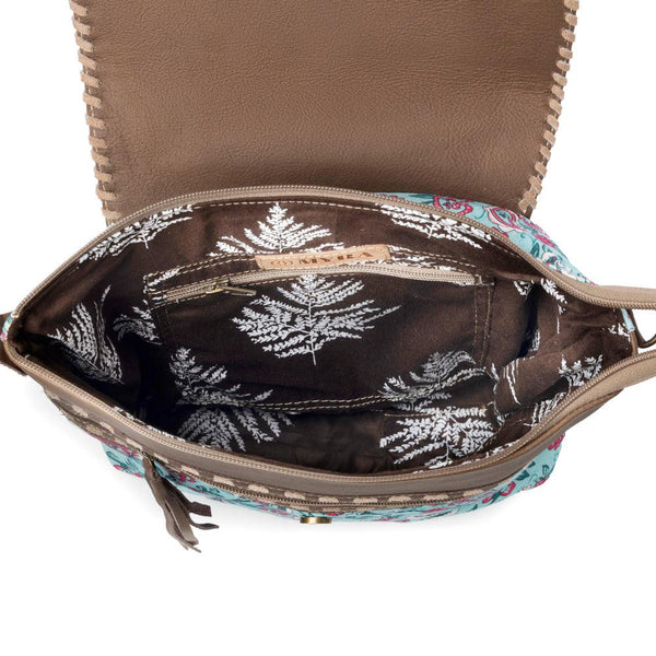 Myra Lagoon Lily upcycled canvas Bag for Women in blue with leather and weaved flap