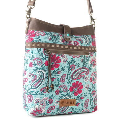 Myra Aspendale upcycled canvas Bag for Women Blue with leather details