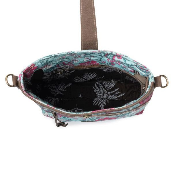 Myra Aspendale upcycled canvas Bag for Women Blue with leather details
