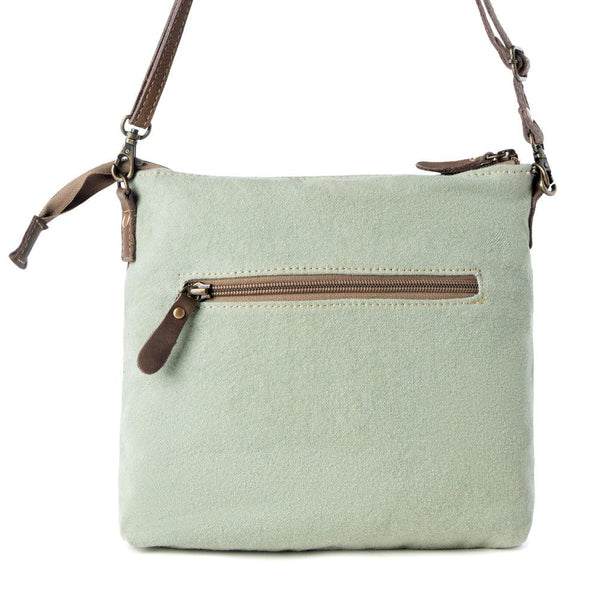 Myra Wildprint Trail upcycled canvas crossbody Bag for Women in sage with floral detail
