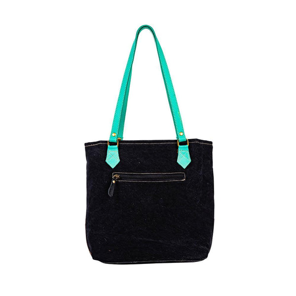 Myra Galaxy Fire Handtooled Shoulder Bag Black Sparkle Body with Aqua Leather Straps