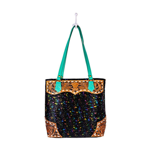 Myra Galaxy Fire Handtooled Shoulder Bag Black Sparkle Body with Aqua Leather Straps